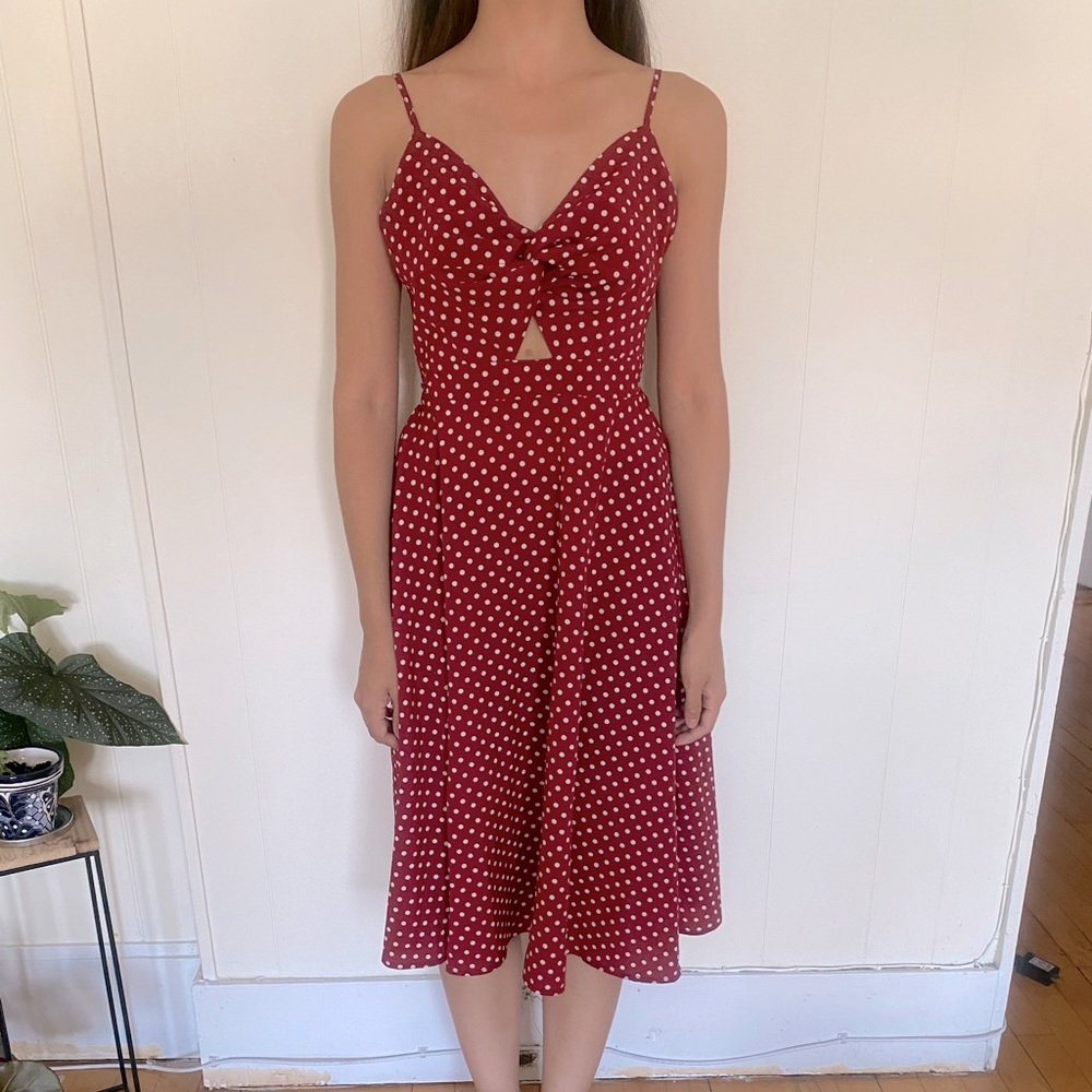 Red Polka Dot V neck twist front midi dress